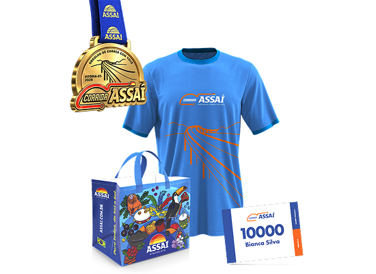 Kit completo da Corrida Assaí Vitória: medalha, camiseta, sacola retornável e número de peito